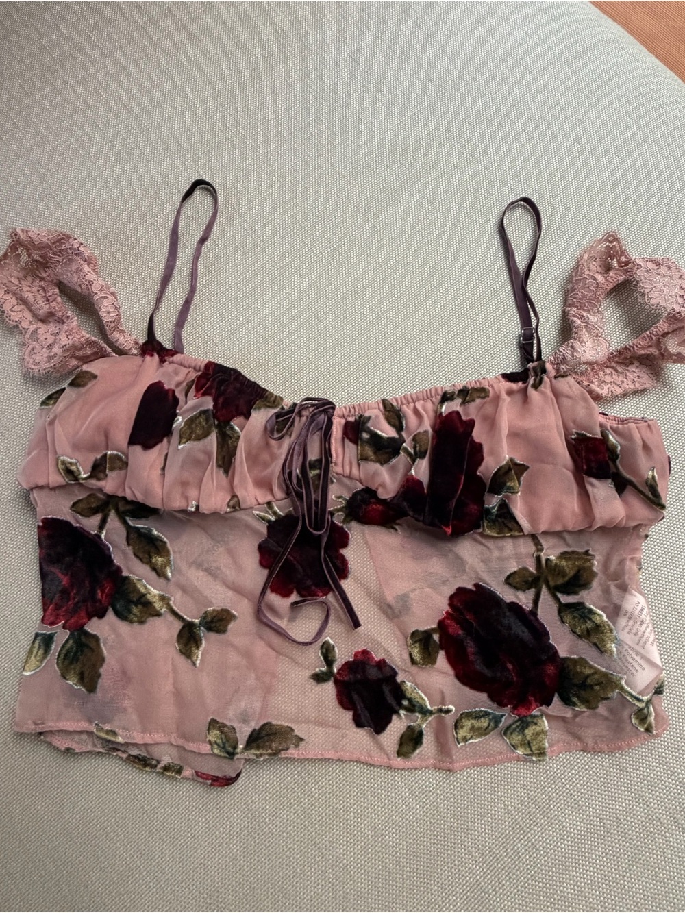House of CB Dusty Rose Floral Velvet-Trim Cami Top
